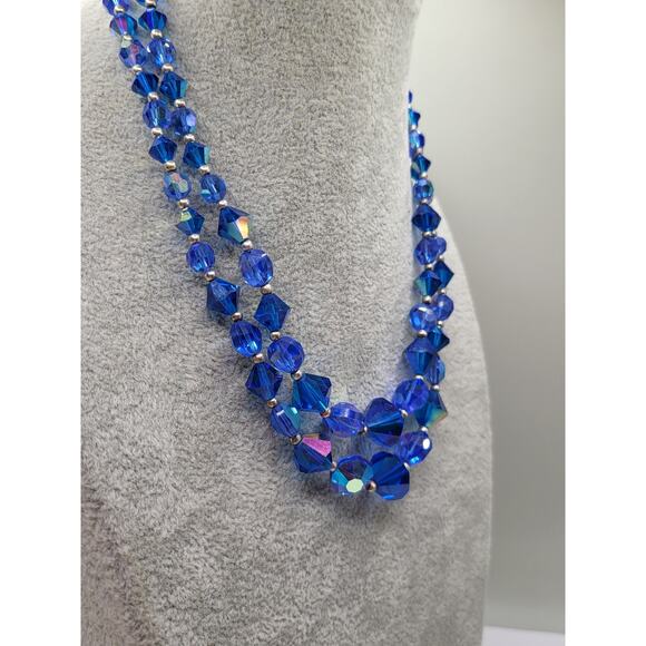 Vintage Blue Crystal AB Bead Double Strand Necklace 1950s Adjustable - Picture 5 of 6